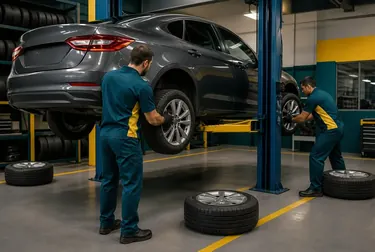 Profissional fazendo rodízio de pneus em um carro.