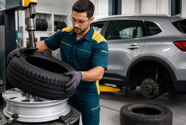 Profissional realizando a troca de pneus em um carro.