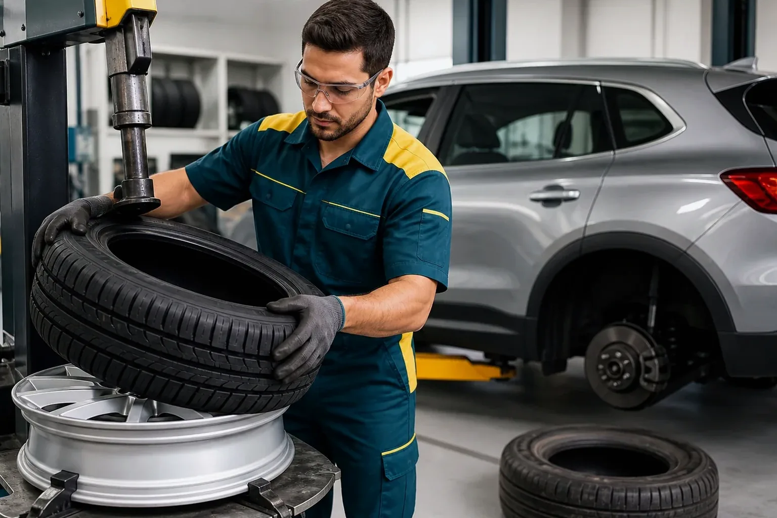 Profissional realizando a troca de pneus em um carro.