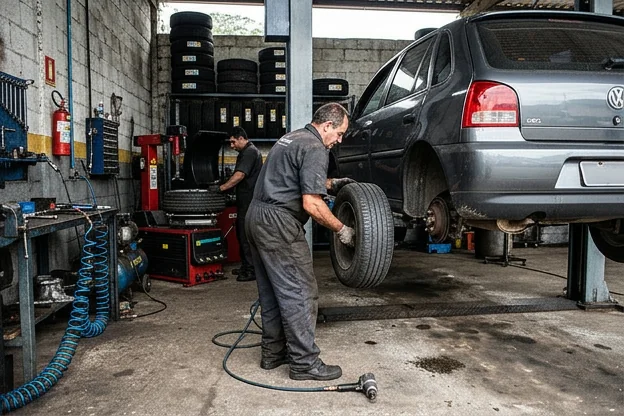Profissional realizando rodízio de pneus em um carro.