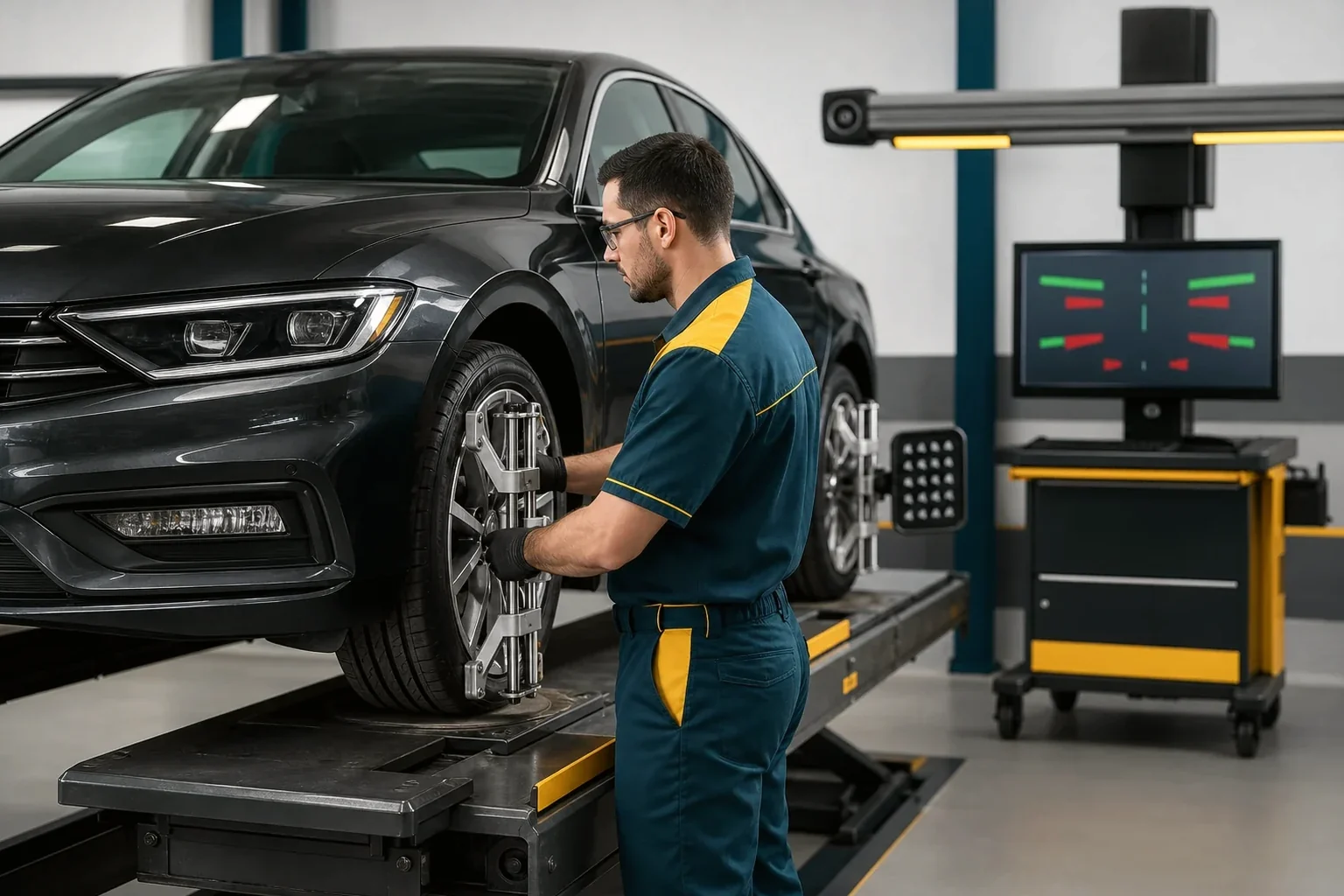 Técnico ajustando o alinhamento de rodas de um veículo.