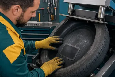 Técnico fazendo vulcanização de um pneu.