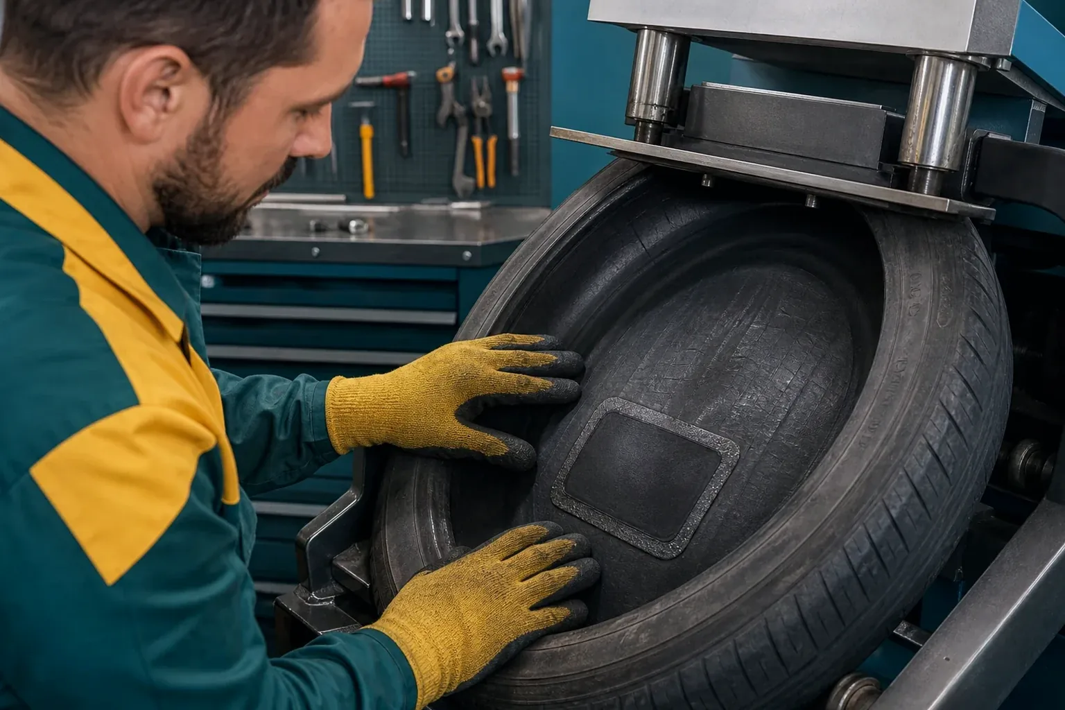 Técnico fazendo vulcanização de um pneu.
