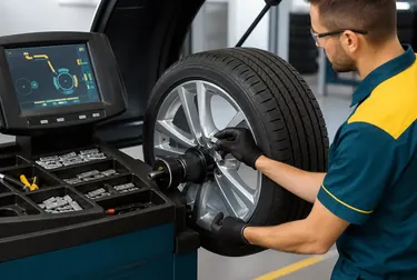 Técnico realizando balanceamento de rodas em um carro.