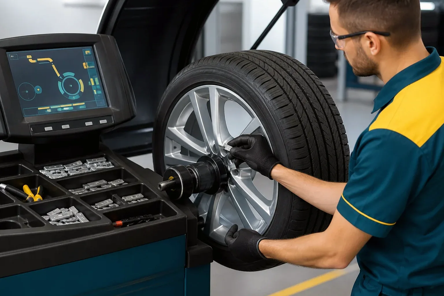 Técnico realizando balanceamento de rodas em um carro.