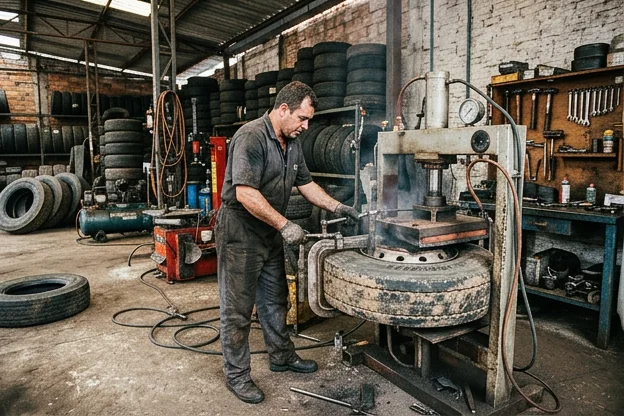 Técnico trabalhando na vulcanização de um pneu.
