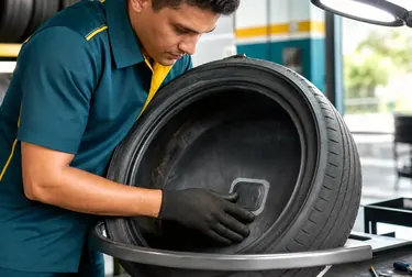 Técnico trabalhando no conserto de pneus em uma borracharia.