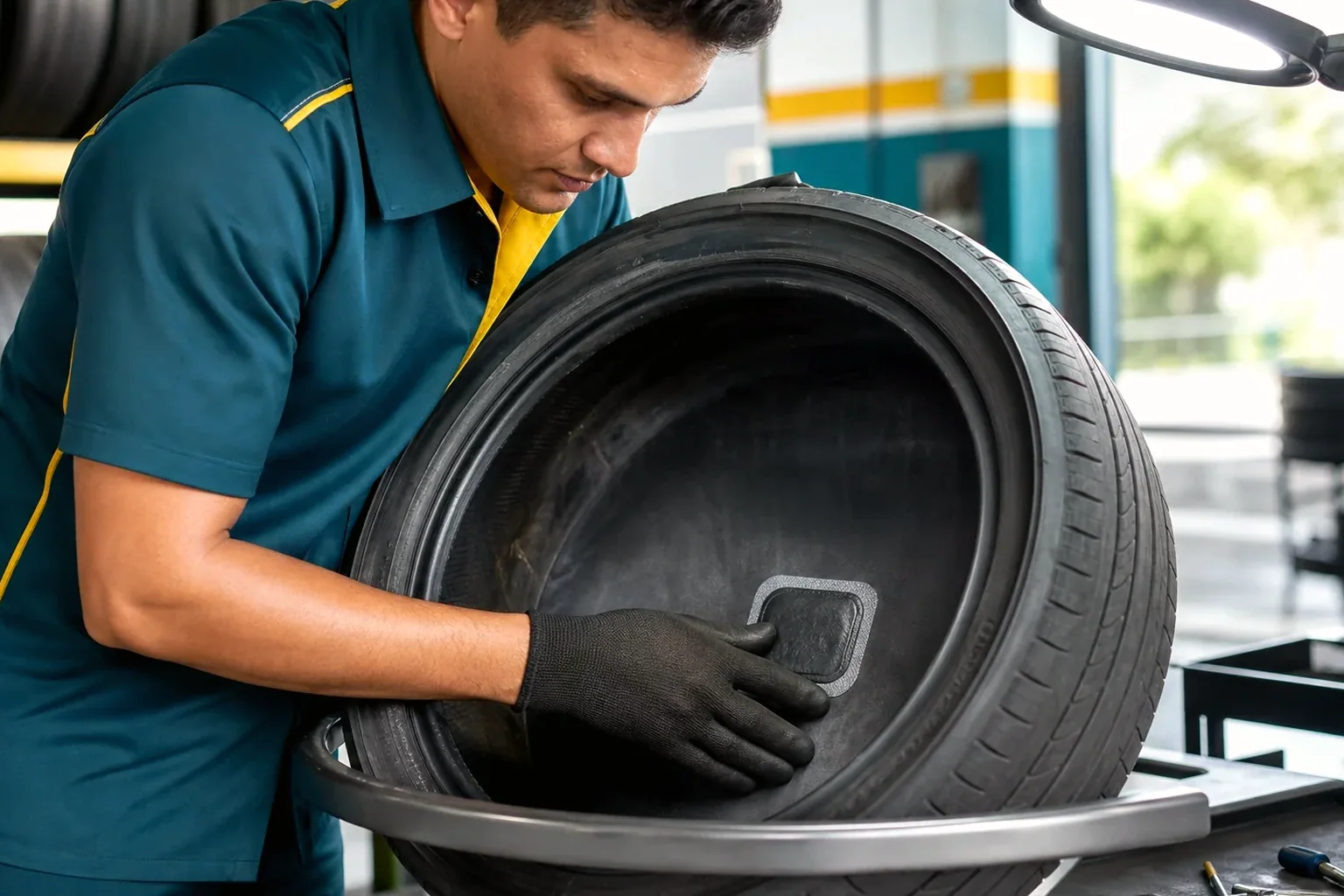 Técnico trabalhando no conserto de pneus em uma borracharia.